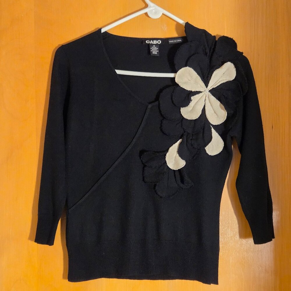Cabo Pullover Bodycon Silk Cashmere Sweater Womens S Black Floral Applique Y2K